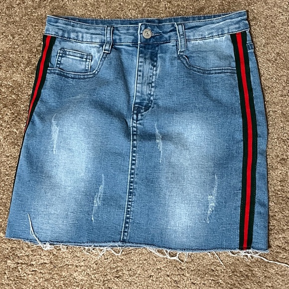 Denim Skirt with Red and Green Stripes - Picture 1 of 3